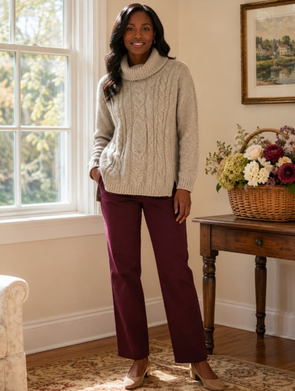 Carolyn Taylor for By Design Essentials Cowl Neck VTG Oatmeal Sweater- Size: M